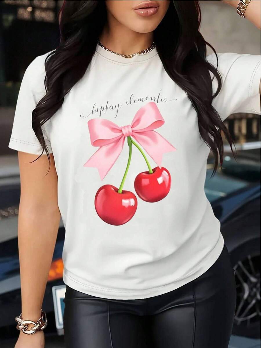 YOCASA Women's Casual Summer T-Shirt, Round Neck, Fitted, Short Sleeve, With Oil Paint, Floral, Heart, Cherry, And Letter Prints. Simple, Casual Fabric, Sporty Style, Ideal For Everyday Wear And A Valentine's Day Date. - YH122-白色 - 查看 1