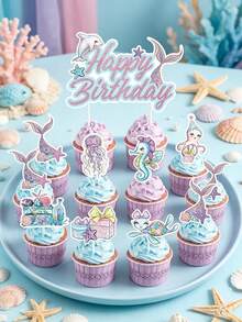 17pcs Mermaid Theme Cupcake Decorations, Mermaid Birthday Party Cupcake Decorations, Ocean Creature Mermaid Tail Pattern Cake Decorations, First Birthday Cake Decorations, Mermaid Birthday Party Decorations, Baby Shower Party Decorations, Birthday Party Supplies, Underwater World Party Decorations, Ocean Theme Birthday Decorations, Birthday Gifts, Party Favors - Mermaid - View 4