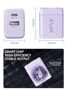 KFLY 淡紫色 20W 雙孔快充充電器，PD+QC 雙協定，USB-C+USB-A，可折疊插頭，便攜省空間牆充 - 查看 2