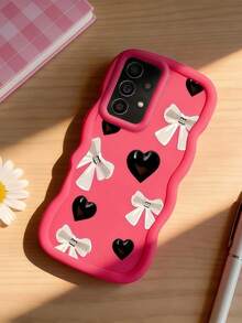 1pc Y2K Black Heart Silver Bow Pattern Macaron Dopamine Color Soft TPU Wavy Edge Phone Case Compatible With Galaxy A03 A04 A05 A06 A11 A12 A13 A14 A15 A16 A20S A21S A22 A23 A24 A25 A26 A31 A32 A33 A34 A35 A36 A50 A51 A52 A53A54 A55 A56 A73 S20FE S21FE S22 S22U S23 S23+ S23U S233FE S24 S24+ S24U S25 S25+ S25U/ Note 11 Note 12 Note 13 Note 14 /Samrt/Honor/Y7 Y9/Ealme C53 C55 - Hot Pink - View 3