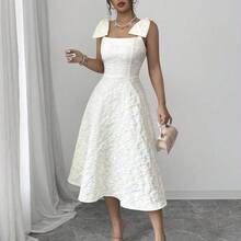jianchaimaoyi02  Vestido de tela jacquard con textura de loto albaricoque con tirantes, decoración de lazo grande, cintura ceñida, falda acampanada, elegante y grácil, adecuado para regalo de cumpleaños, cita, fiesta, Día del Trabajo, Pascua, boda en el jardín, viaje, casual, trabajo, reunión, Día del Maestro, primavera y verano - Albaricoque - Ver 5