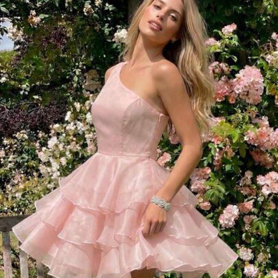 xuehuamaoyi02  Charm Vestido de mujer, vestido asimétrico de hombro, falda de pastel de varias capas, adecuado para fiestas, eventos, bodas, vestido de volantes escalonados, vestido de organza para mujer, vestido de té para mujer, vestido de cumpleaños para mujer, vestido de un hombro - Rosa - Ver 1