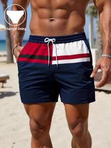 Mercer Haus Nautical Prep Vibes | Men's Red White Navy Color Block Swim Trunks - Multicolor - View 3
