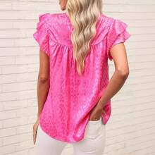 Women's Blouse 2026, New Summer Fashion, Versatile, Printed, With Ruffled Sleeves And Wavy Neck - 亮粉 - 查看 3