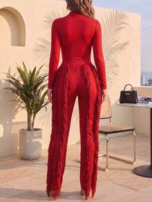 CALEBGAR Women's Sexy Two Piece Outfits Long Sleeve Fringe Pants Set Clubwear Going Out Birthday Party Night Outfits - 紅色 - 查看 2