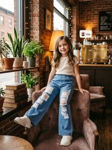 1pc Tween Girls Casual Streetwear Sweet Cool Niche Stepped Distressed Design Fashion Personalized Straight Leg Jeans - Medium Wash - View 3
