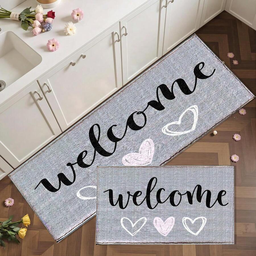 1pc Light Gray Welcome Heart Pattern Printed Faux Cashmere Surface TPR Bottom Door Mat, Bathroom Mat, Kitchen Mat, Laundry Mat, Holiday Atmosphere Decor, Home Decor, Party Decor, Wedding Decor, Dining & Kitchen Decor - Multicolor - View 1
