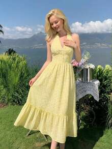Women's Bohemian Style Backless Spaghetti Strap Plaid Pleated Dress, Casual Slim Fit A-Line Woven Dress, Suitable For Beach And Summer Parties - Yellow - View 6