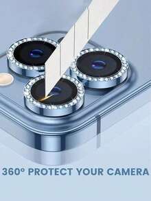 Camera Lens Protector For IPhone 11-16 Pro Max, Rhinestone | 9H Explosion-Proof Tempered Glass Metal Frame | 5D Full Coverage, Scratch-Resistant/Waterproof/Anti-Fingerprint | Suitable For Night Photography. Outdoor Adventure Gift, Ideal For Birthday, Family, Friends. Sparkling Crystal Lens Protector, Phone Accessory, Shockproof, Full Body Protection. - Blue - View 4