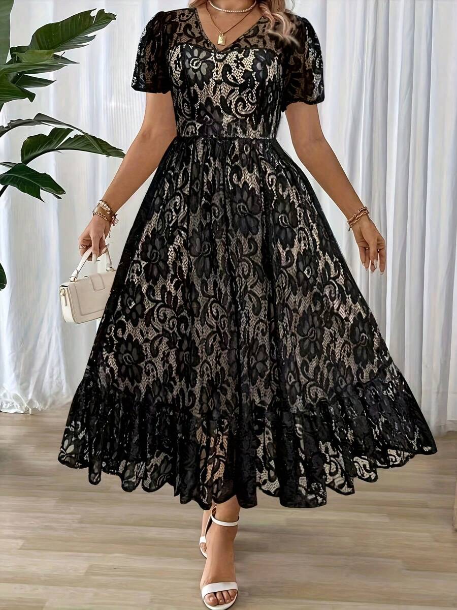 Plus Size Women's Long Dress, Elegant And Simple With Lace Details, Ideal For Holidays Or Parties, Belt Not Included - Black - View 1