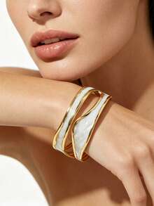 VceTd 2PCS/1PC Fashionable Versatile Style Stainless Steel Women's Bangle With Enamel Craft And Geometric Line Design, Suitable For Women's Daily Life, Work Commute Or Casual Outings - Yellow Gold - View 3