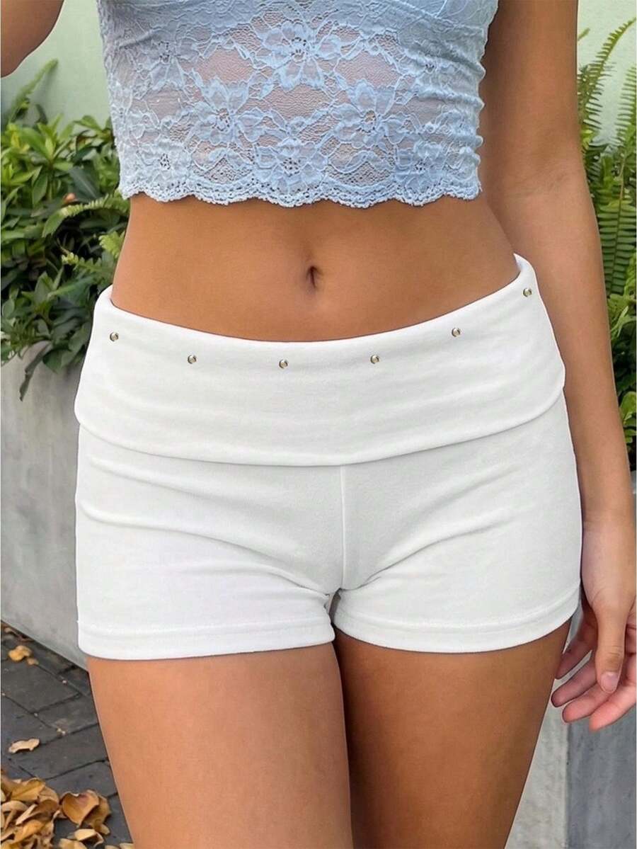 Mini Shorts For Women Low Rise Fashion Rivet Decor Decor Hot Pants Summer Fold Over Waistband Micro Shorts - 白色 - 查看 1