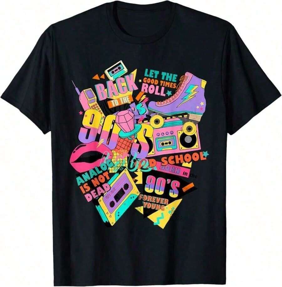 Senaste modellen 2026 T-shirt med 90-tals retro popkulturdesign med kassettband, boomboxes och neontext. Tillbaka till 90-talet – låt de goda tiderna komma för vardagskläder, festkläder och nostalgiskt mode, grafiska t-shirts för kvinnor, semesterkläder för kvinnor, sommar, herrkläder, skjortor, herrskjortor, grafiska t-shirts, män, blusar. Popularitet - Svart - Visa 1