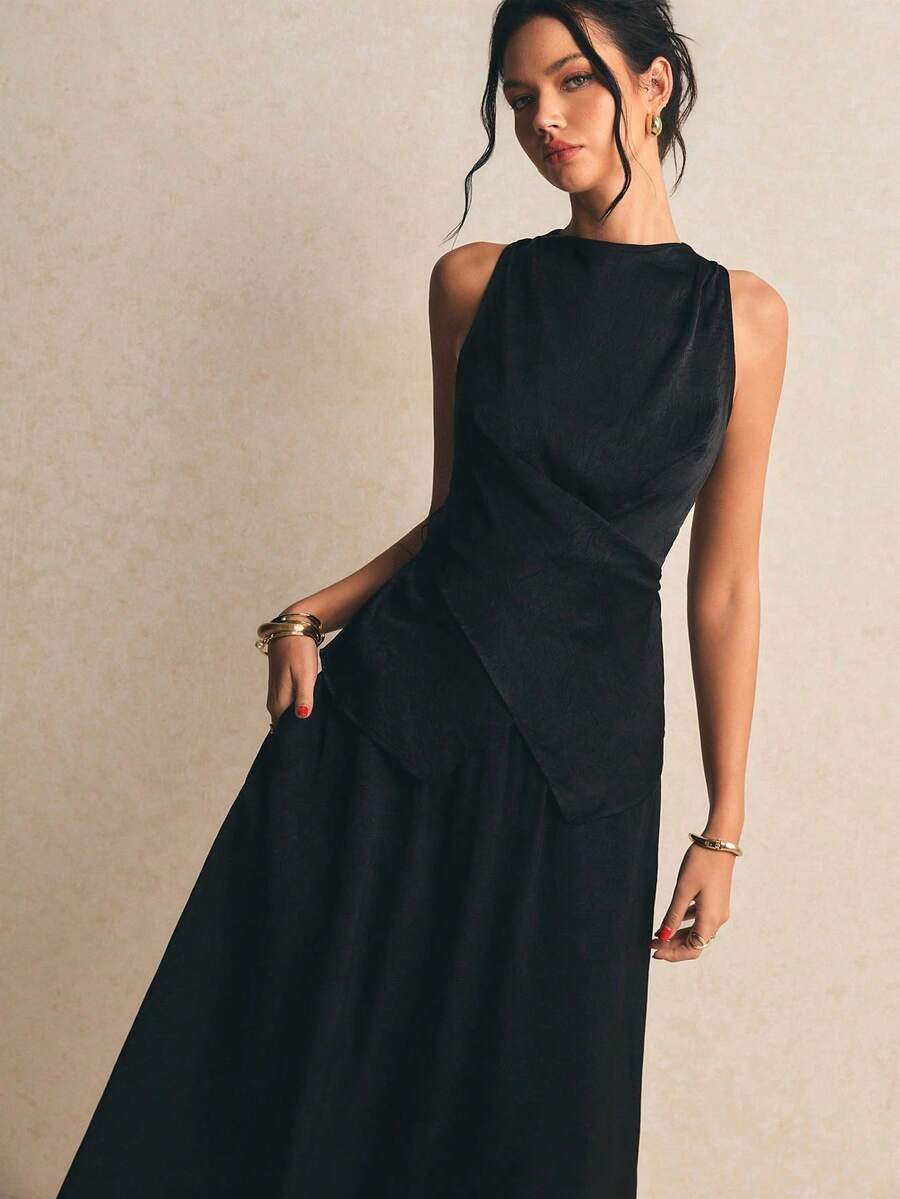 YkhahaPoéselle Conjunto elegante de 2 piezas de top sin mangas con dobladillo asimétrico y estampado de lunares, y falda para primavera, a lunares, para cita nocturnaYkhaha - Negro - Ver 1