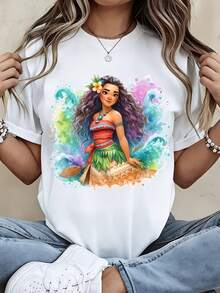 Disney Women Casual  T Shirt Black Moana Princess Print Summer Outfit - White - View 2