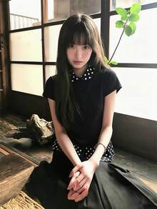 黑色拼色波點彼得潘領短袖女款T恤 夏季INS風修身顯瘦百搭上衣 - 黑色 - 查看 8