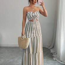 Vestido de tirantes finos con lazo en la cintura, estilo elegante y sexy con rayas, versátil para fechas, salidas, vacaciones, días festivos, vuelta al cole, atuendo de maestro, bodas, fiestas, festivales de música, Oktoberfest, Halloween, Acción de Gracias. Nuevos modelos de verano 2025. . - Azul y blanco - Ver 8