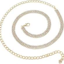 Multi-Strand Rhinestone Waist Chain, Adjustable Tassel Extension Chain, Sparkling Rhinestone Waist Accessory, Evening Party Jewelry, Metal Pendant Chain - Gold - View 2