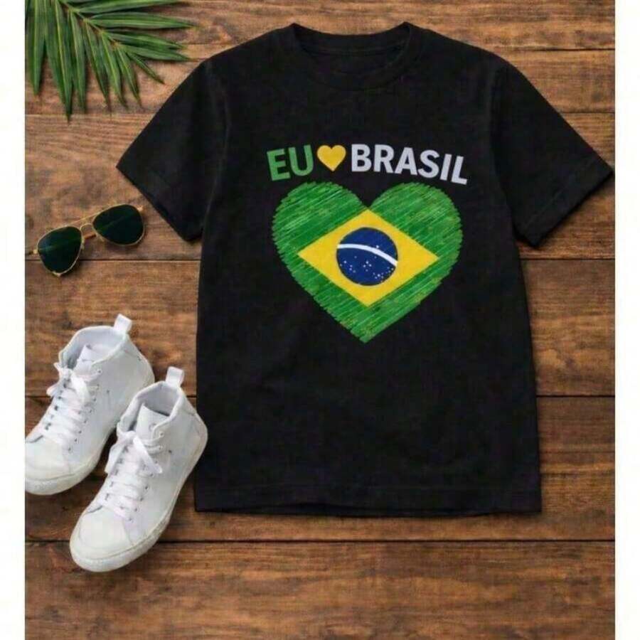 Children's And Youth Unisex Shirt Brazil I Heart Brazil 100% Cotton Shirt For Boys And Girls Brazil World Cup 2026 - 黑色 - 查看 1