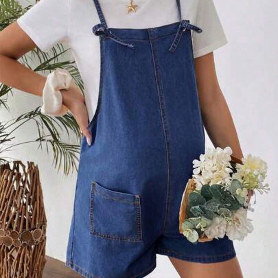 YYRR Shorts vaqueros cortos sencillos con tirantes y bolsillo para maternidad, uso casual diario - Azul lavado oscuro - Ver 1