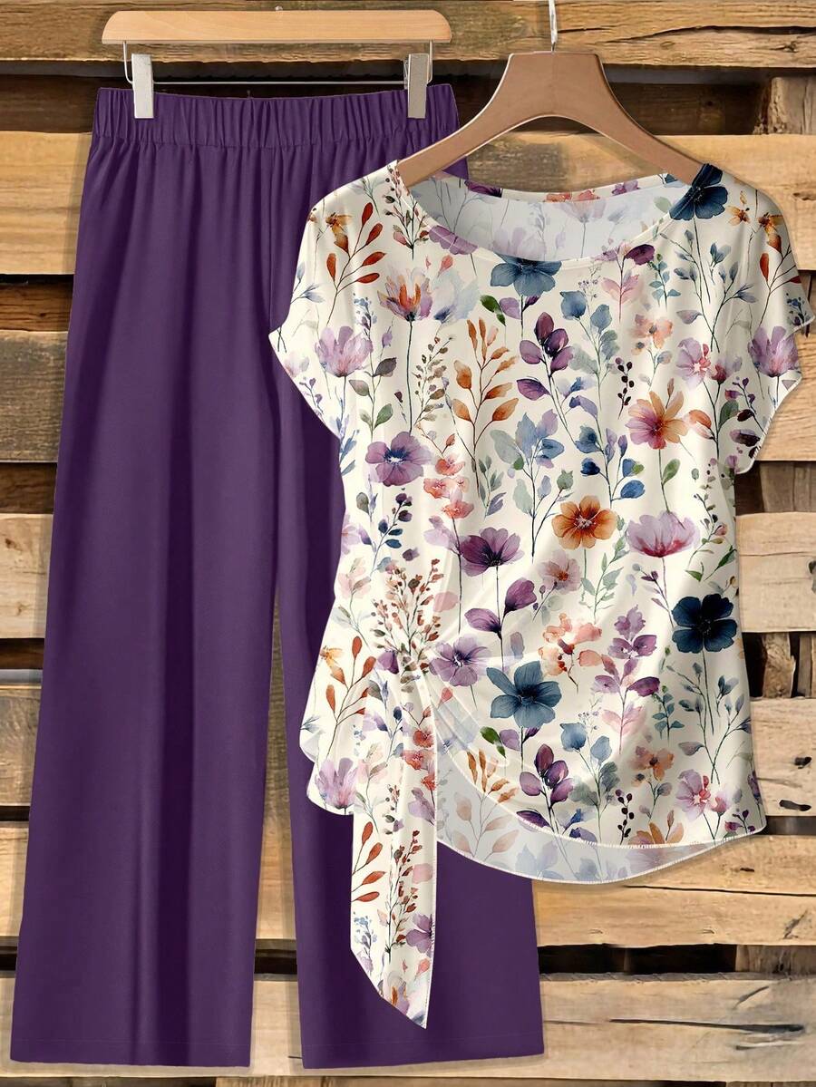 Conjunto de 2 piezas de blusa con lazo y pantalones rectos para mujer - Multicolor - Ver 1
