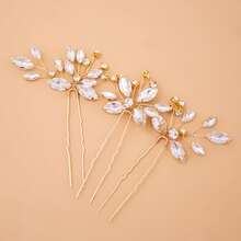 3pcs Rhinestone Hair Stick Asymmetrical Hair Pin Bridal Headpiece Wedding Accessories - Gold - View 4