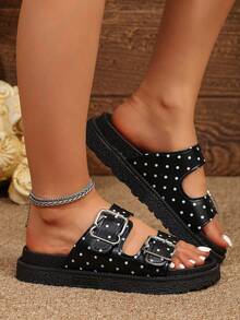Polka Dot Double Buckle Platform Wedge Sandals, Women's Thick Bottom Casual Slip-On Slippers, Beach, Suitable For Daily Wear - Polka Dot Black - View 4