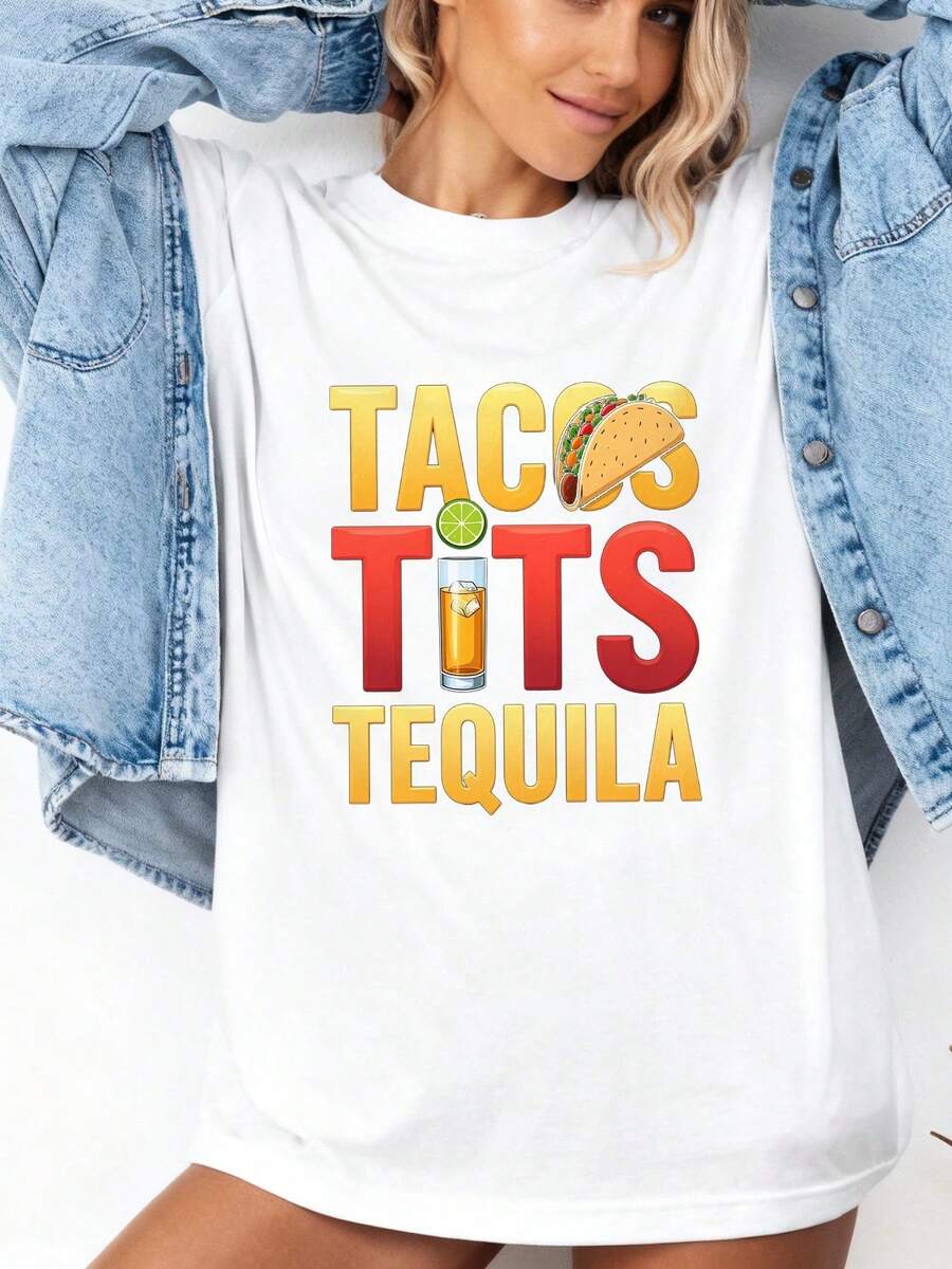 New Spring/Summer 2026 Fashion Short-Sleeve T-Shirt, Made In Mexico, 200g. 100% Cotton. Fun Graphic Tee With A Taco And Tequila Design, Cartoon Print, Suitable For Couples, Perfect For Layering Or Wearing Alone. Crew Neck, Versatile And Unisex. Suitable For Both Office And Casual Occasions. Individually Packaged. The Perfect Short-Sleeve T-Shirt For Summer. - 白色 2 - 查看 1