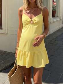 Women's Casual Elegant Bohemian Style Sleeveless Deep V-Neck Ruffle A-Line Midi Dress, Perfect For Summer Vacation And Party Wear Yellow - Yellow - View 3