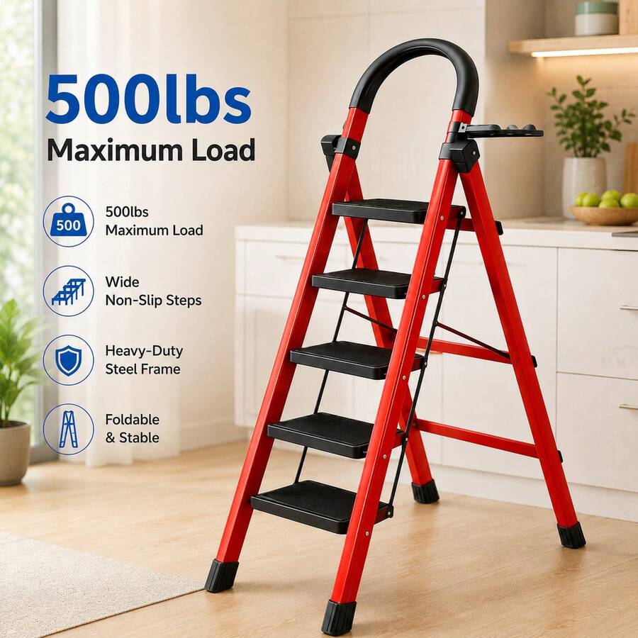 Five-Step Folding Step Stool, 500-Pound Weight Capacity, Sturdy Steel Structure, With Non-Slip Wide Steps And Handrails, Lightweight And Portable Household Ladder, Suitable For Home Kitchens, Pantries, Closets, And Offices - Red 5-step Folding Staircase - View 1