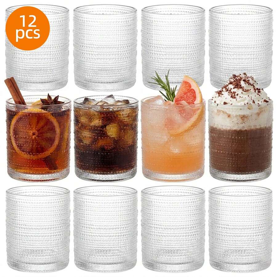 Tomnk 12Pcs Vintage Embossed Hobnail Glass Cups Set, Mixed Size Textured Drinking Glassware, 10oz Classic Glass, Retro Bar Glasses For Whiskey Cocktail Juice Daily Use - 無色 - 查看 1