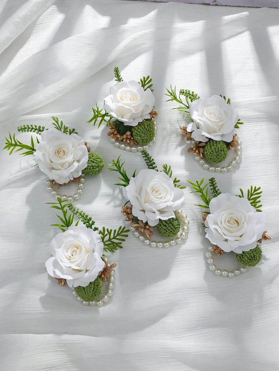 1 pieza/6 piezas Rosa blanca Alan con cuentas doradas y bayas verdes, follaje artificial estilo Mori, elegante corsage de muñeca, adecuado para novia, dama de honor, madre, suegra - Blanco - Ver 1