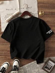 1pc Tween Boys Cool Minimalist Letter Print Short Sleeve T-Shirt, New Loose Casual Crew Neck Top, Fun English Slogan Fashion Half Sleeve Top - Black - View 3