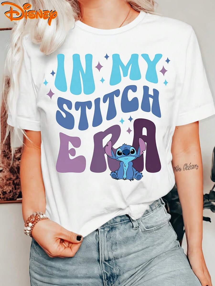 Disney Lilo & Stitch In My Stitch Era Retro Wavy Font Sparkle 100% Cotton Crew Neck Short Sleeve Cute Graphic Tee For Women Casual Daily Wear Gift - 白色 - 查看 1