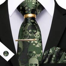 5Pcs Men Accessory Kit, Unique Green Skull Print, Complete Matching Combo For Groom Daily & Party Wear - Green - View 2