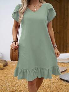 Vestido de Mujer con Cuello en V, Mangas de Concha y Volantes - Gris azul - Ver 2