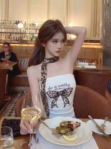 Korean Y2K Vintage Style Women's Leopard Print Bow Pattern Ruched Side Fitted Short Smooth Tube Top With Leopard Print Scarf Casual Summer White - White - View 1