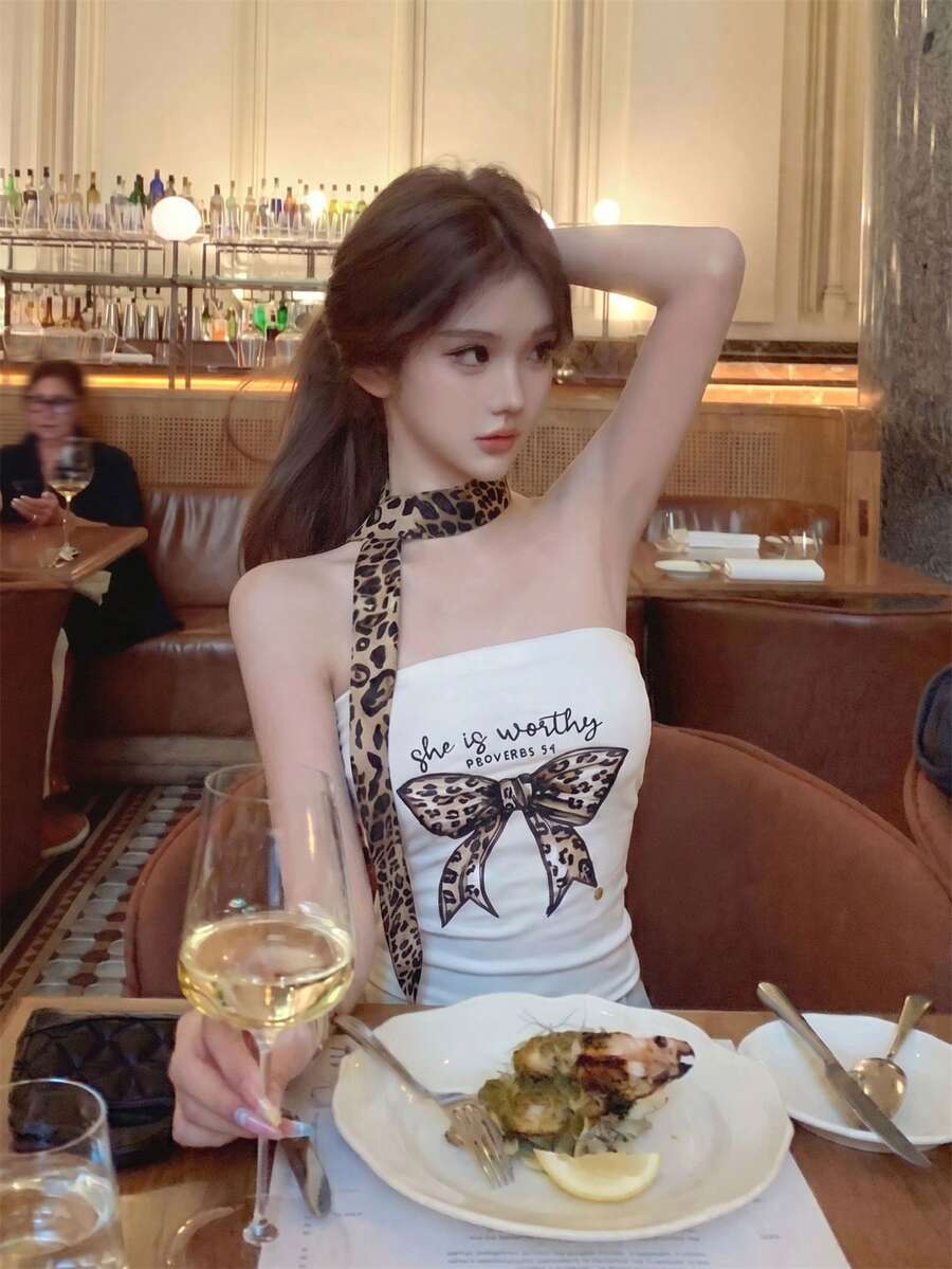 Korean Y2K Vintage Style Women's Leopard Print Bow Pattern Ruched Side Fitted Short Smooth Tube Top With Leopard Print Scarf Casual Summer White - White - View 1
