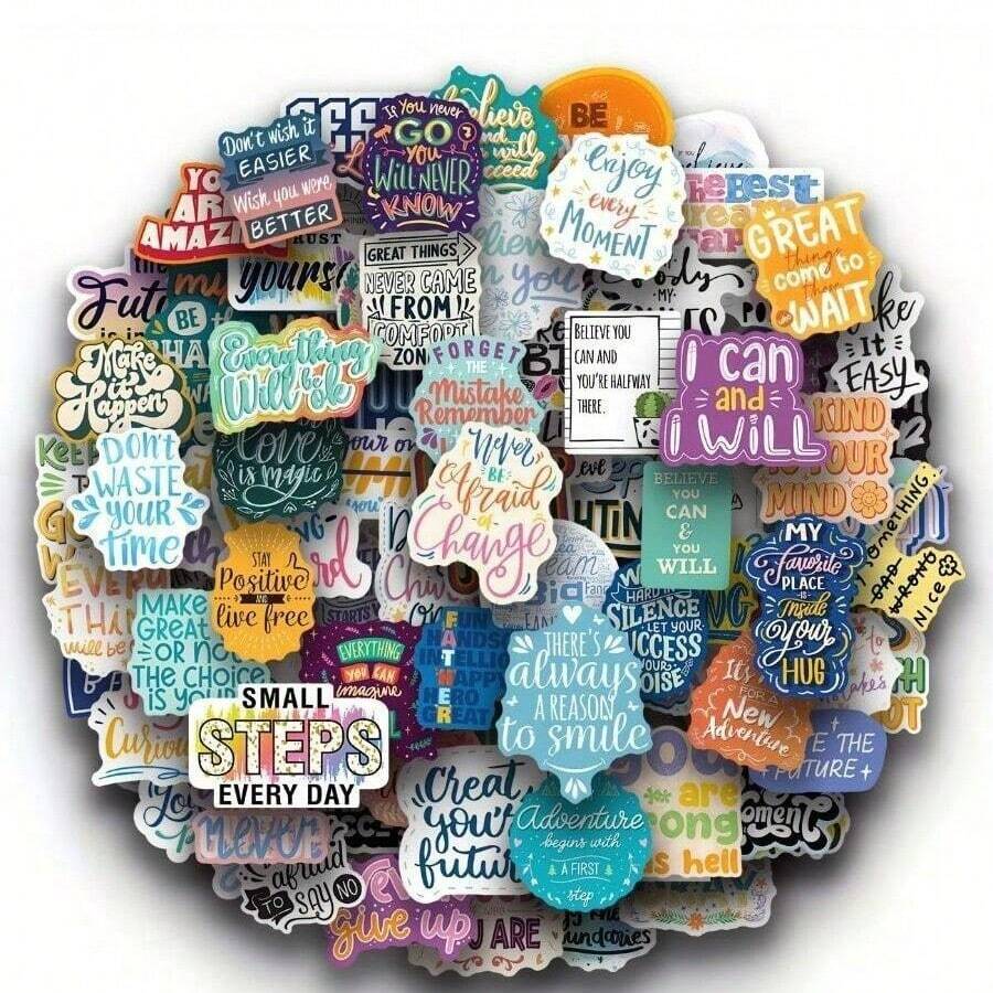 100pcs Positive Inspirational Quotes Stickers, Motivational Sayings Waterproof Vinyl Stickers, Suitable For Laptop, Water Bottle, Scrapbook, Journal, Self-Care Decoration Aesthetic Stickers - A - View 1