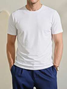 VeloEdit Men's Solid Color Round Neck Short Sleeve T-Shirt Fall Winter - White - View 2