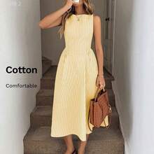 xuehuamaoyi02  X GALILEA  LUNE Vestido midi entallado en la cintura con pliegues, de cuello redondo y sin mangas, de tela de algodón a rayas, casual, elegante para el resort y uso diario para mujeres - Azul y blanco - Ver 2