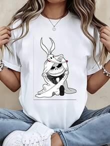 Disney Women Casual Short Sleeve T Shirt  Black Jack Skellington And White Rabbit Print Summer Fashion Top For Everyday Wear - White - View 1