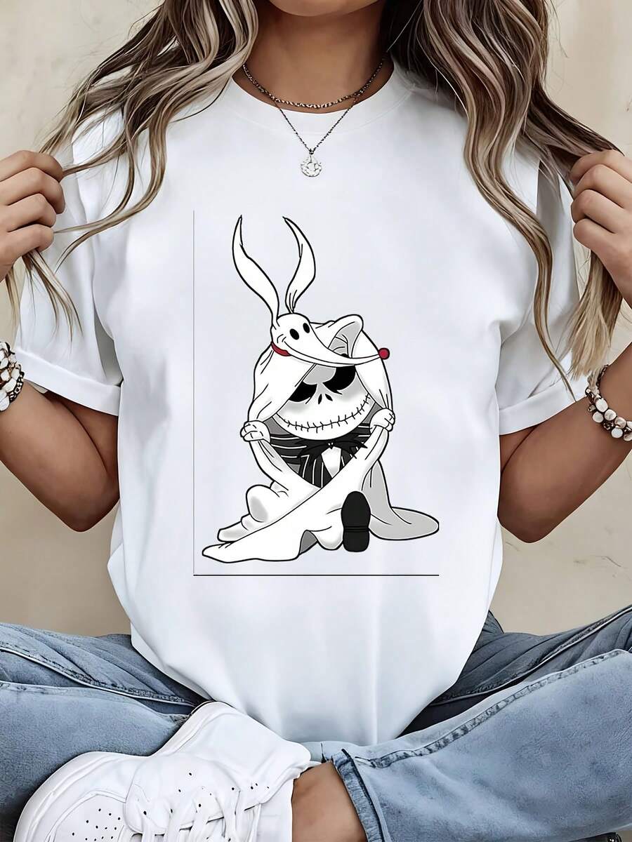 Disney Women Casual Short Sleeve T Shirt  Black Jack Skellington And White Rabbit Print Summer Fashion Top For Everyday Wear - White - View 1