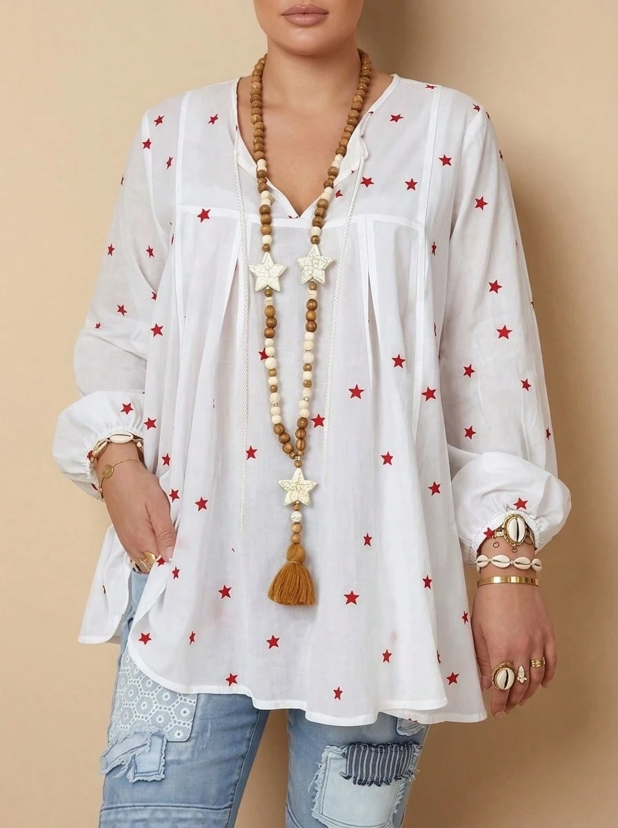 Plus Size Women's Bohemian Lantern Sleeve Blouse, Star Print Top With Tassel Decor (Random Print) White Spring - White - View 1