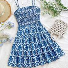 Yunuo Menswear  Vestido De Tirantes De Espagueti Con Dobladillo Con Volantes De Color Sólido Para Mujer - Azul y blanco - Ver 1