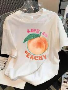 Camiseta de manga corta y cuello redondo para mujer con estampado de melocotones y la frase "La vida es un melocotón" impresa, apta para todas las estaciones. - Blanco - Ver 1