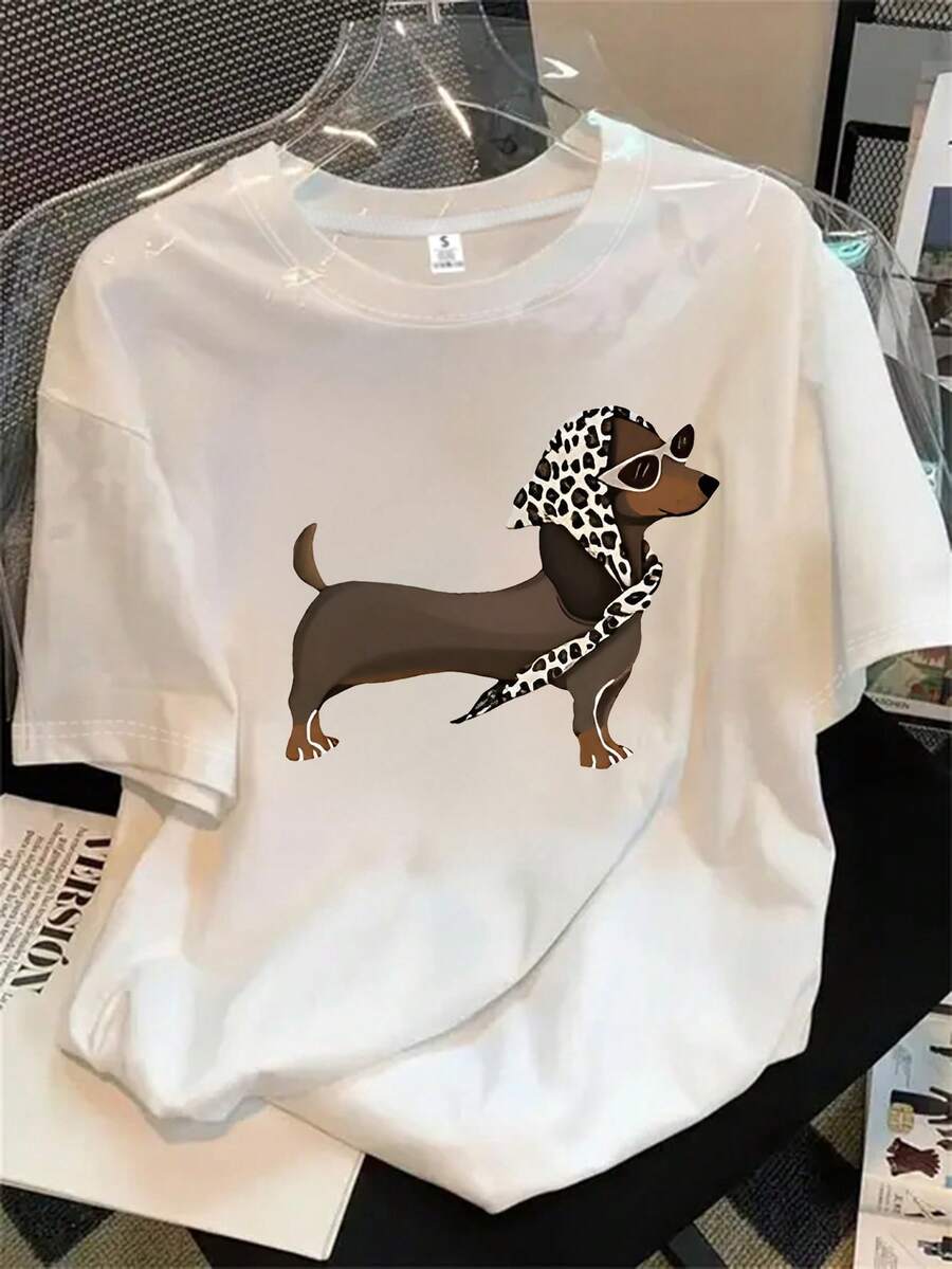 Camiseta de manga corta y cuello redondo para mujer con estampado de perro en marrón y negro, con diseño de gafas de sol, apta para todas las estaciones. - Blanco - Ver 1