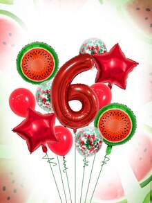 11pcs 32-Inch Red & Green Number Balloon Set, 18-Inch Watermelon Foil Balloon, Star Balloon, 12-Inch Red & Green Foil Confetti Transparent Latex Balloon, Suitable For Birthday Party, Watermelon Party, Summer Party Decoration - Multicolor - View 7
