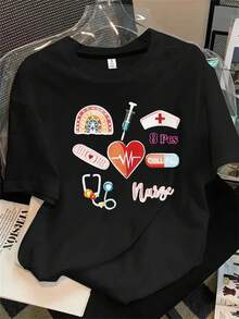 Una gama de camisetas de manga corta y cuello redondo para mujer con estampados de dispositivos médicos, aptas para todas las estaciones. - Negro - Ver 1