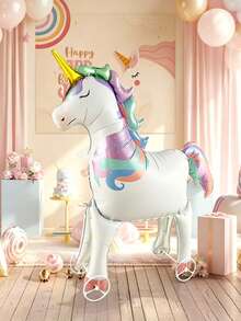 1 Set (Includes Accessories) Cartoon Unicorn Aluminum Foil Balloon With Wheels, Suitable For Birthday Outdoor Toy Balloon - View 1